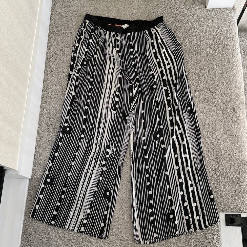Anthropologie Elevenses Black & White Print Satin Wide Leg Pant Sz XL - Picture 2 of 5